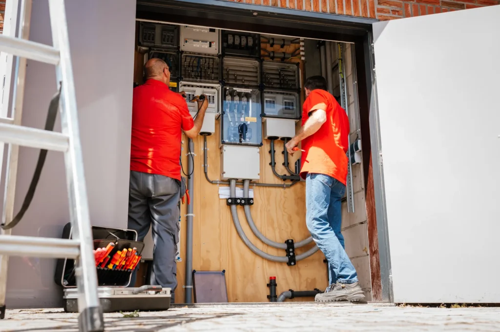 Twee monteurs werken aan een elektrische verdeelinrichting